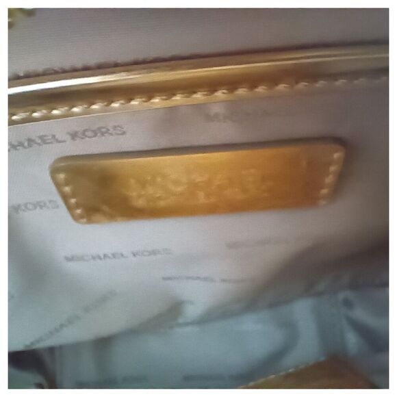 Michael Kors Handbag Small Womens Gold Leather Crossbody Chain Strap Fabric Zip - Picture 11 of 12
